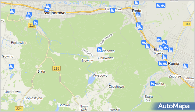 mapa Gniewowo gmina Wejherowo, Gniewowo gmina Wejherowo na mapie Targeo