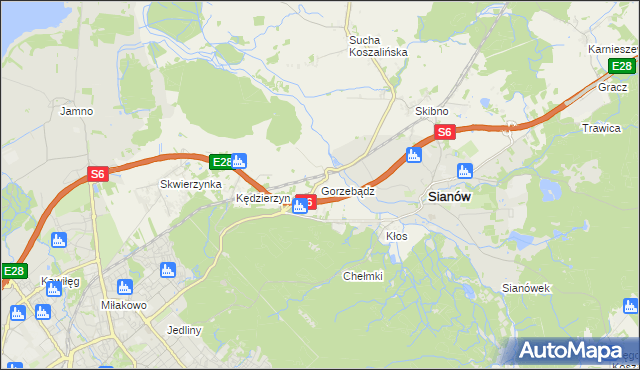 mapa Gorzebądz gmina Sianów, Gorzebądz gmina Sianów na mapie Targeo