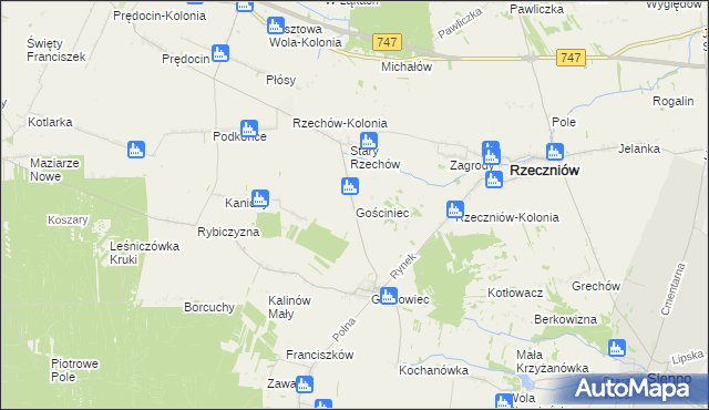 mapa Gościniec gmina Rzeczniów, Gościniec gmina Rzeczniów na mapie Targeo