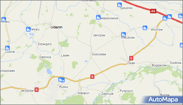 mapa Gościsław gmina Udanin, Gościsław gmina Udanin na mapie Targeo