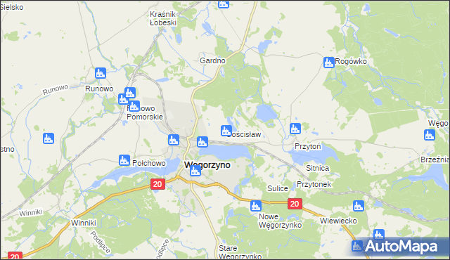 mapa Gościsław gmina Węgorzyno, Gościsław gmina Węgorzyno na mapie Targeo