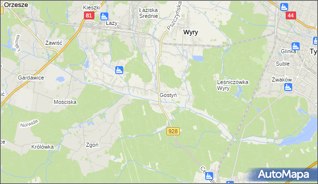 mapa Gostyń gmina Wyry, Gostyń gmina Wyry na mapie Targeo