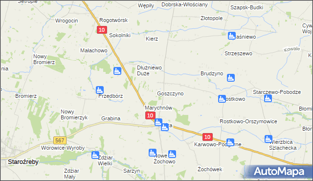 mapa Goszczyno gmina Staroźreby, Goszczyno gmina Staroźreby na mapie Targeo