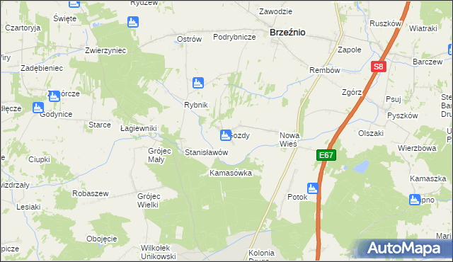 mapa Gozdy gmina Brzeźnio, Gozdy gmina Brzeźnio na mapie Targeo