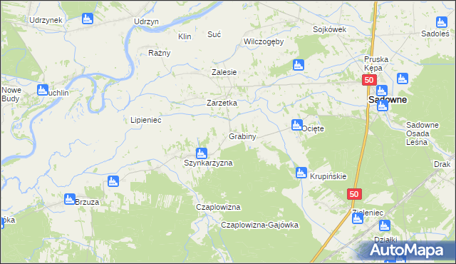 mapa Grabiny gmina Sadowne, Grabiny gmina Sadowne na mapie Targeo