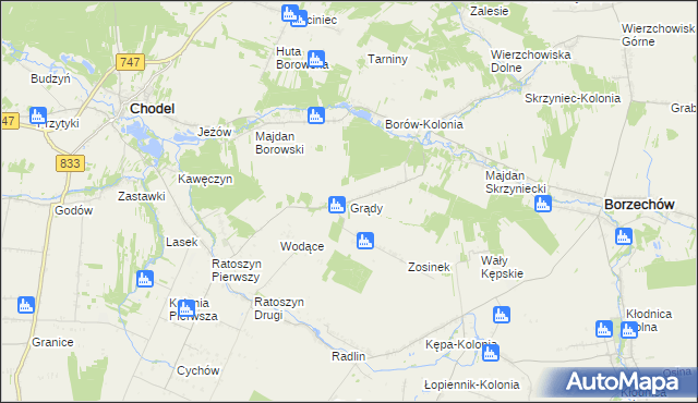 mapa Grądy gmina Chodel, Grądy gmina Chodel na mapie Targeo