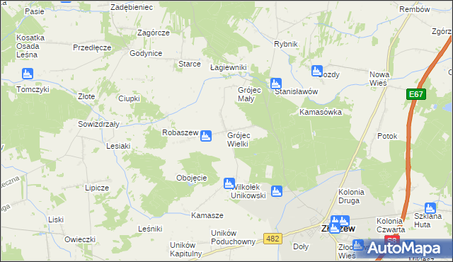 mapa Grójec Wielki gmina Złoczew, Grójec Wielki gmina Złoczew na mapie Targeo