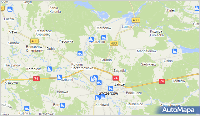 mapa Grudna gmina Szczerców, Grudna gmina Szczerców na mapie Targeo