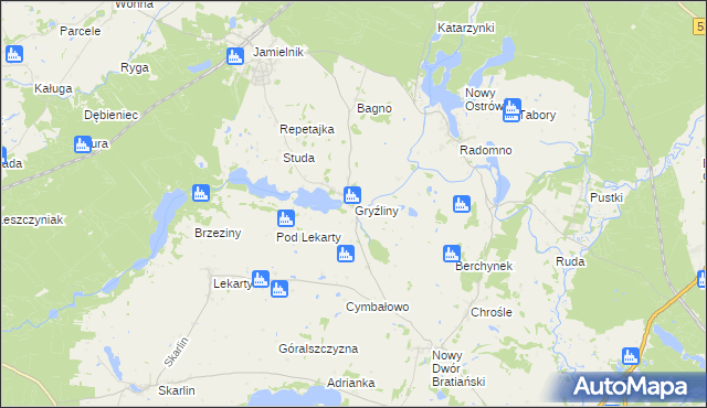 mapa Gryźliny gmina Nowe Miasto Lubawskie, Gryźliny gmina Nowe Miasto Lubawskie na mapie Targeo