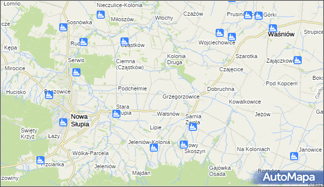 mapa Grzegorzowice gmina Waśniów, Grzegorzowice gmina Waśniów na mapie Targeo