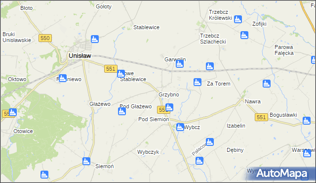 mapa Grzybno gmina Unisław, Grzybno gmina Unisław na mapie Targeo