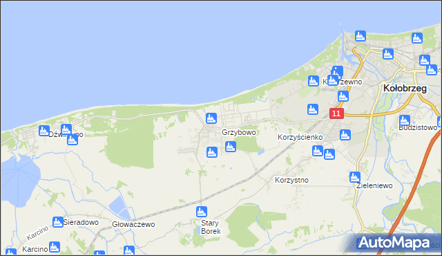 mapa Grzybowo gmina Kołobrzeg, Grzybowo gmina Kołobrzeg na mapie Targeo