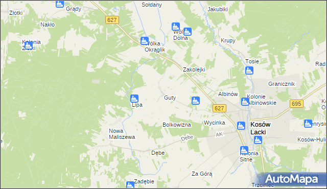 mapa Guty gmina Kosów Lacki, Guty gmina Kosów Lacki na mapie Targeo