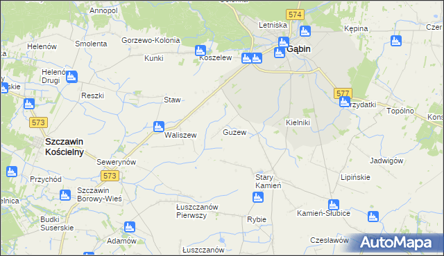 mapa Guzew gmina Gąbin, Guzew gmina Gąbin na mapie Targeo