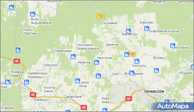 mapa Henryków gmina Głowaczów, Henryków gmina Głowaczów na mapie Targeo