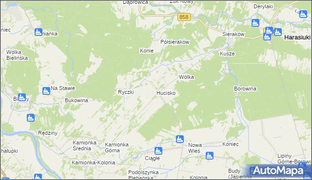 mapa Hucisko gmina Harasiuki, Hucisko gmina Harasiuki na mapie Targeo