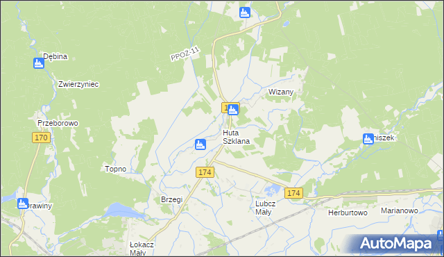 mapa Huta Szklana gmina Krzyż Wielkopolski, Huta Szklana gmina Krzyż Wielkopolski na mapie Targeo