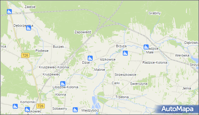 mapa Idzikowice gmina Drzewica, Idzikowice gmina Drzewica na mapie Targeo