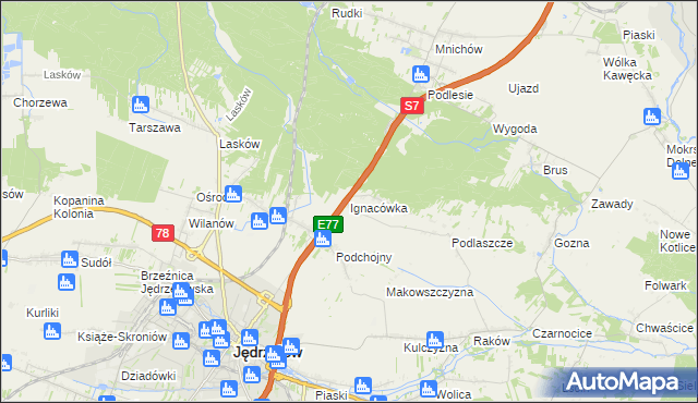 mapa Ignacówka gmina Jędrzejów, Ignacówka gmina Jędrzejów na mapie Targeo