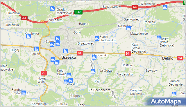 mapa Jadowniki gmina Brzesko, Jadowniki gmina Brzesko na mapie Targeo