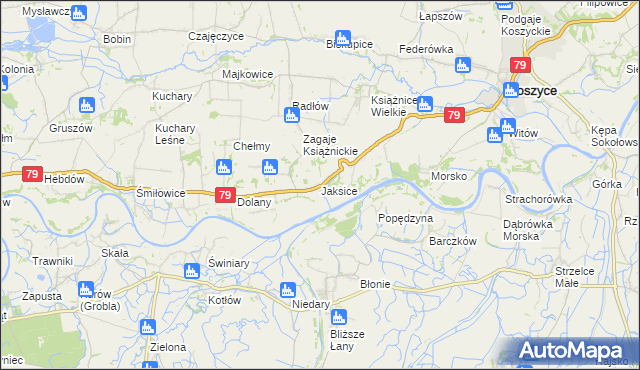 mapa Jaksice gmina Koszyce, Jaksice gmina Koszyce na mapie Targeo