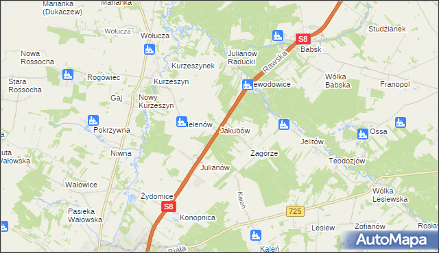 mapa Jakubów gmina Rawa Mazowiecka, Jakubów gmina Rawa Mazowiecka na mapie Targeo