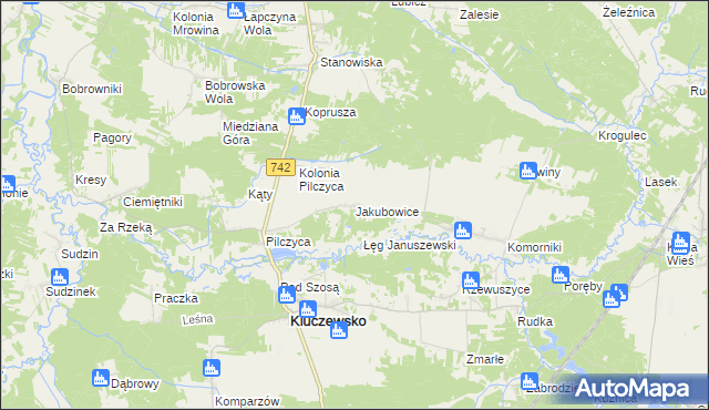 mapa Jakubowice gmina Kluczewsko, Jakubowice gmina Kluczewsko na mapie Targeo