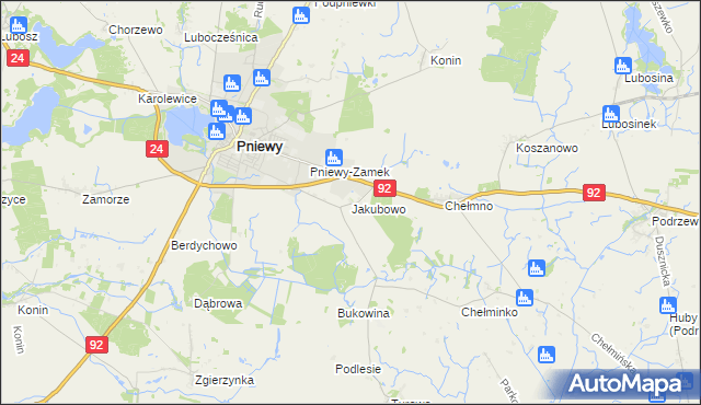 mapa Jakubowo gmina Pniewy, Jakubowo gmina Pniewy na mapie Targeo