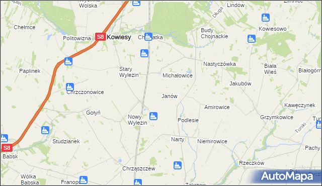 mapa Janów gmina Kowiesy, Janów gmina Kowiesy na mapie Targeo