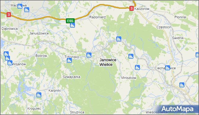 mapa Janowice Wielkie, Janowice Wielkie na mapie Targeo