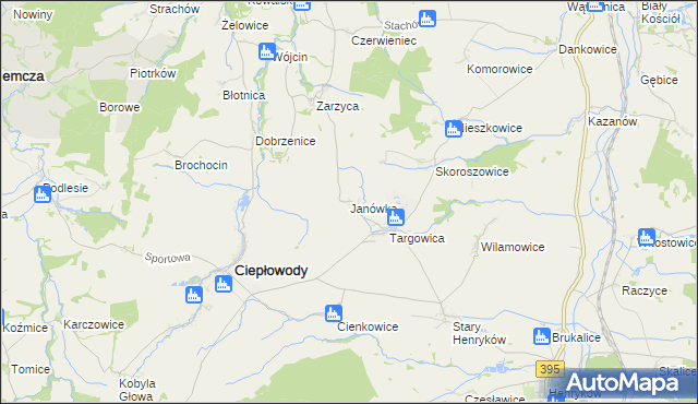 mapa Janówka gmina Ciepłowody, Janówka gmina Ciepłowody na mapie Targeo