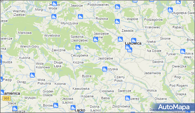 mapa Jastrzębie gmina Łukowica, Jastrzębie gmina Łukowica na mapie Targeo