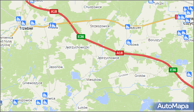 mapa Jędrzychowice gmina Trzebiel, Jędrzychowice gmina Trzebiel na mapie Targeo