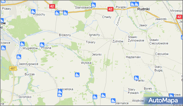 mapa Jelonki gmina Rudniki, Jelonki gmina Rudniki na mapie Targeo