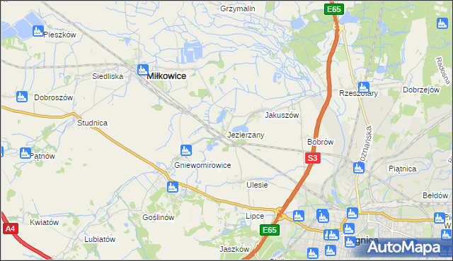 mapa Jezierzany gmina Miłkowice, Jezierzany gmina Miłkowice na mapie Targeo