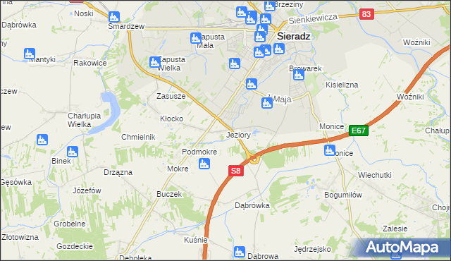 mapa Jeziory gmina Sieradz, Jeziory gmina Sieradz na mapie Targeo