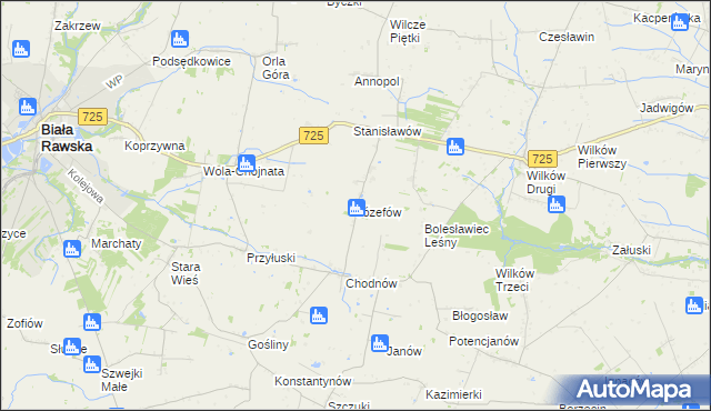 mapa Józefów gmina Biała Rawska, Józefów gmina Biała Rawska na mapie Targeo