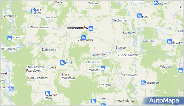 mapa Justynów gmina Aleksandrów, Justynów gmina Aleksandrów na mapie Targeo
