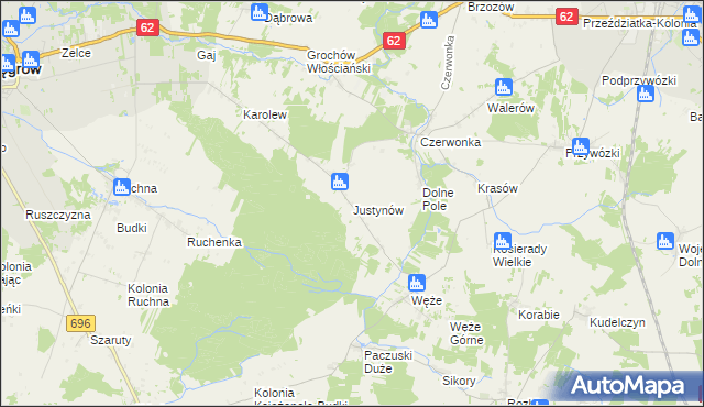 mapa Justynów gmina Sokołów Podlaski, Justynów gmina Sokołów Podlaski na mapie Targeo