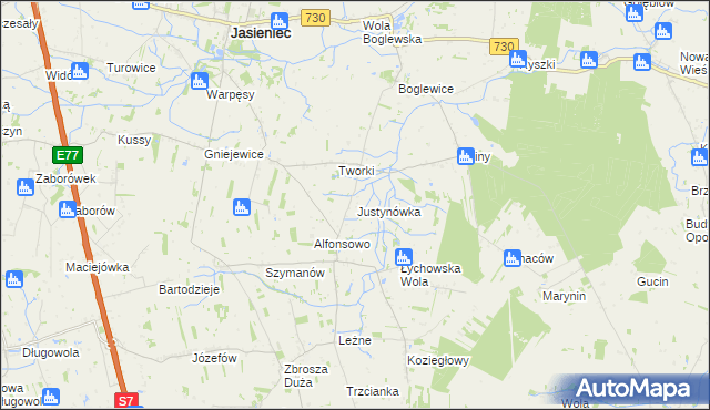 mapa Justynówka gmina Jasieniec, Justynówka gmina Jasieniec na mapie Targeo