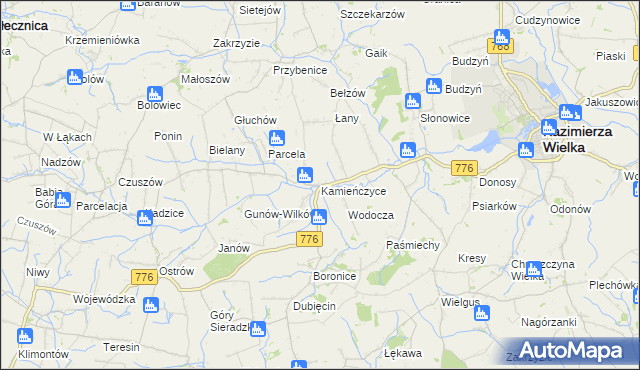 mapa Kamieńczyce gmina Kazimierza Wielka, Kamieńczyce gmina Kazimierza Wielka na mapie Targeo
