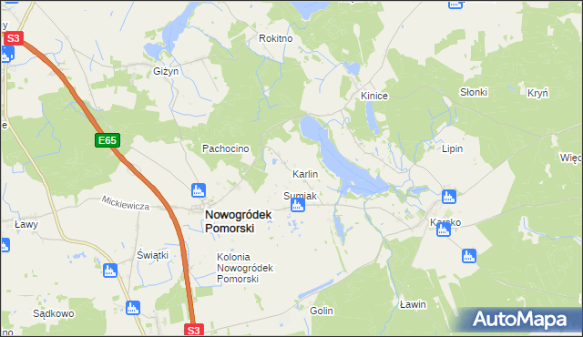 mapa Karlin gmina Nowogródek Pomorski, Karlin gmina Nowogródek Pomorski na mapie Targeo