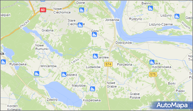 mapa Karolew gmina Gąbin, Karolew gmina Gąbin na mapie Targeo