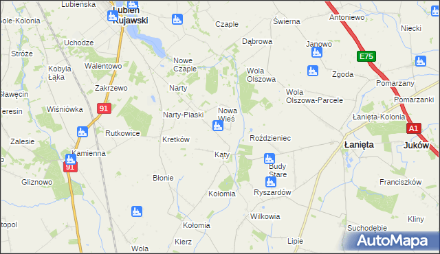 mapa Kąty gmina Lubień Kujawski, Kąty gmina Lubień Kujawski na mapie Targeo