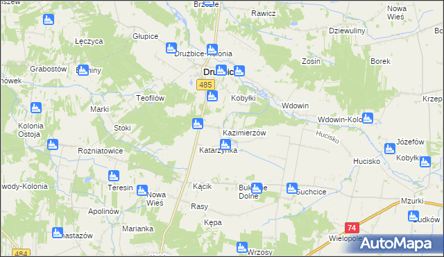 mapa Kazimierzów gmina Drużbice, Kazimierzów gmina Drużbice na mapie Targeo