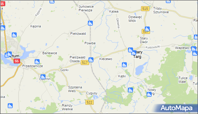 mapa Klecewo gmina Stary Targ, Klecewo gmina Stary Targ na mapie Targeo
