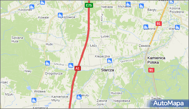 mapa Klepaczka gmina Starcza, Klepaczka gmina Starcza na mapie Targeo