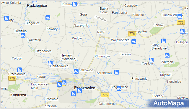 mapa Klimontów gmina Proszowice, Klimontów gmina Proszowice na mapie Targeo