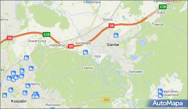 mapa Kłos gmina Sianów, Kłos gmina Sianów na mapie Targeo