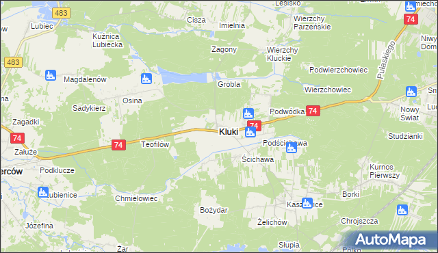 mapa Kluki powiat bełchatowski, Kluki powiat bełchatowski na mapie Targeo